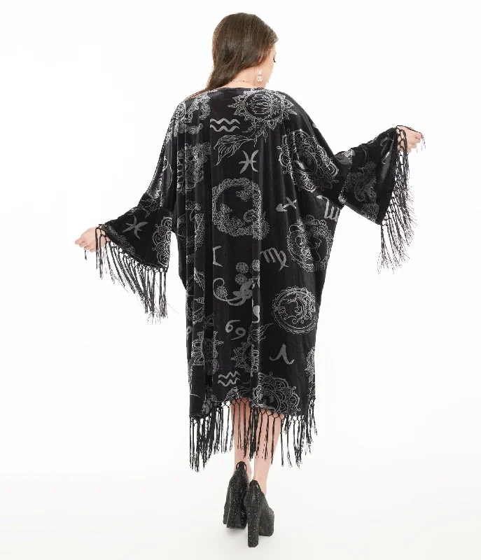 Unique Vintage 1920s Silver & Black Velvet Zodiac Fringe Kimono