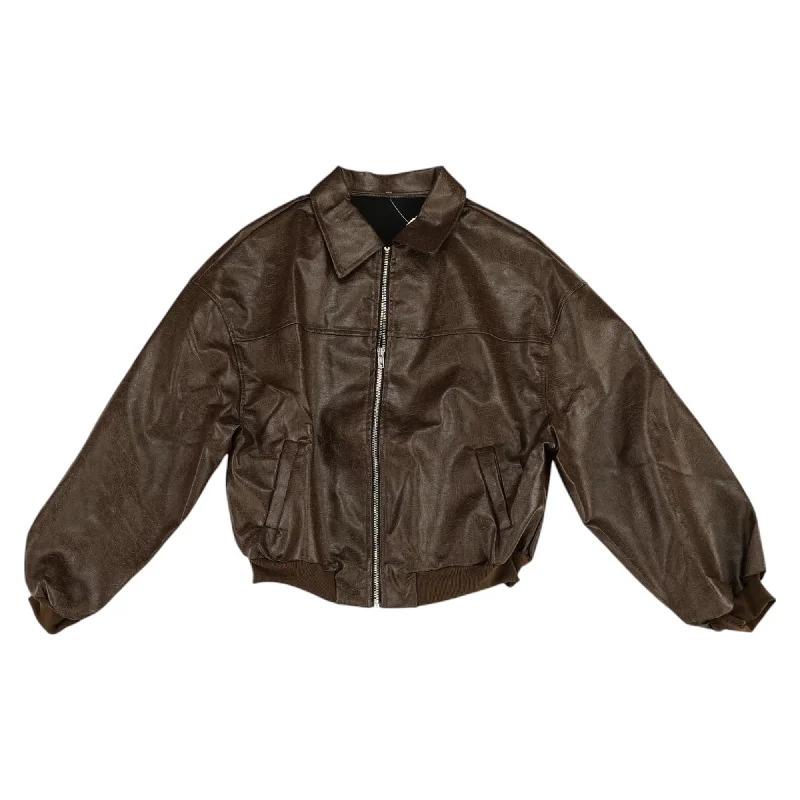 Brown Solid Faux Leather Jacket