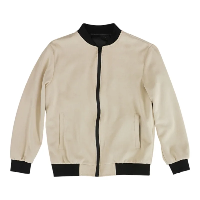 Beige Solid Bomber Jacket