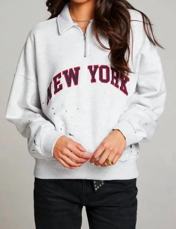 New York Splatter Paint Half Zip Long Sleeve In Light Heather Grey