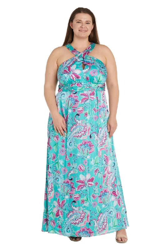 R&M Richards 1260W Long Formal Plus Size Printed Cross Over Halter Dress