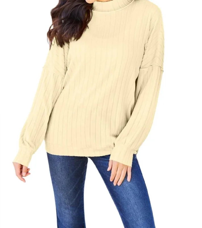 Sleek Ribbed Mock Neck Knit Top In Pastel Yellow