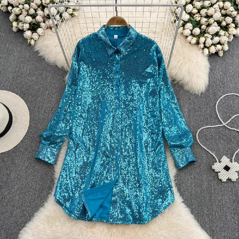 shiny sequined long-sleeved mid-length shirt dress fashionable a-line dress for women    S4207