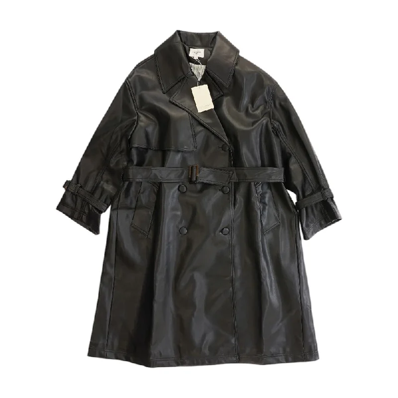 Black Solid Faux Leather Coat