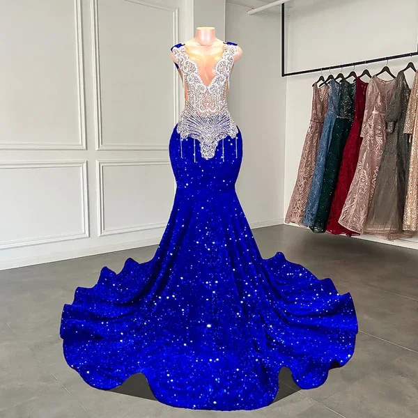 Sexy Mermaid Style Sheer Top Luxury Sparkly Silver Crystals Diamond Black Girls Royal Blue Long Prom Dresses 2024