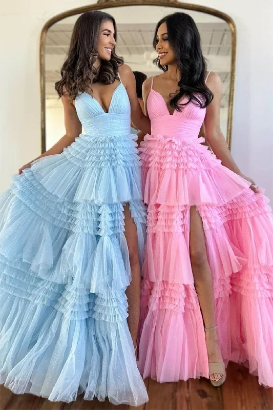 V Neck Spaghetti Straps Prom Dresses Long Tulle Tiered Ruffles Evening Party Ball Gowns