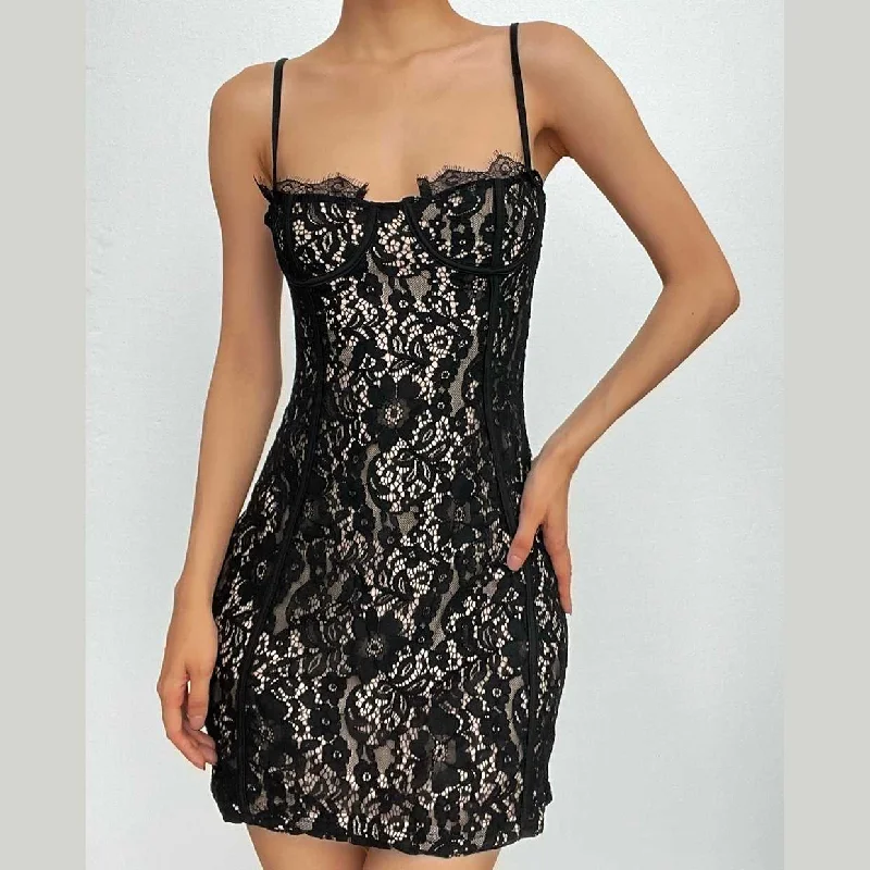 BerryBetty - Lace contrast zip-up backless cami mini dress