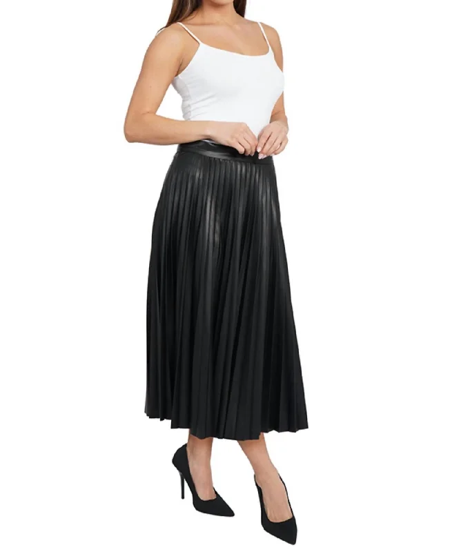 Faux Leather Pleated Midi Skirt In Black