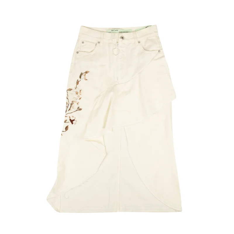 White Flared Beaded Denim Skirt