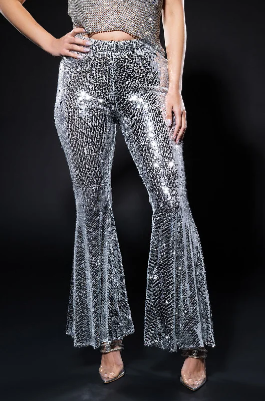 BRIGHTNESS SEQUIN FLARE PANT IN SILVER