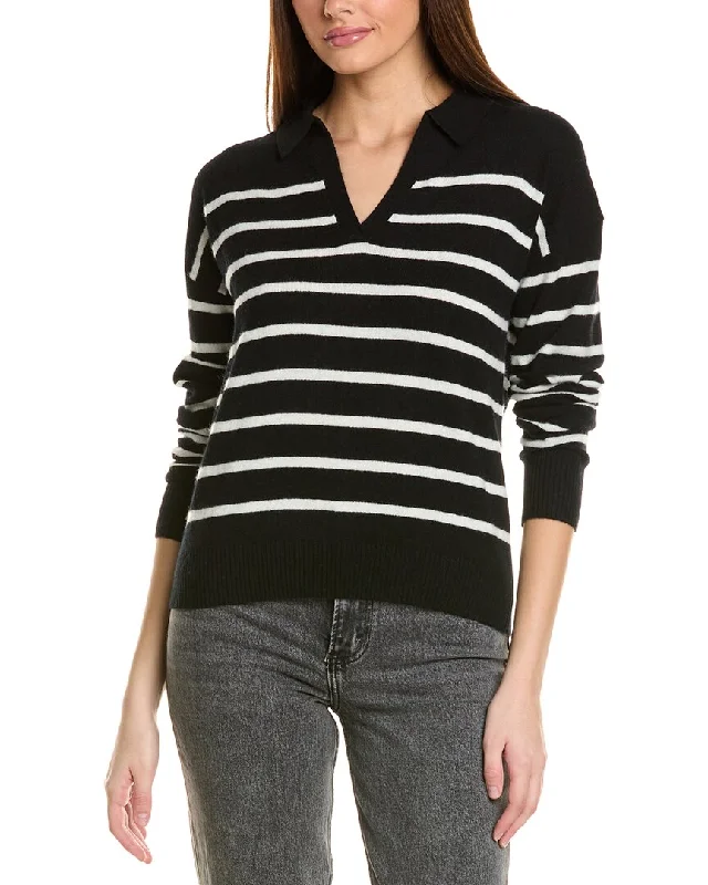 Amicale Cashmere Striped V-Neck Johnny Collar Cashmere Sweater