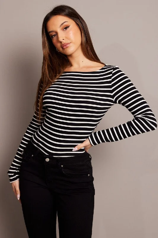 Black Stripe T Shirt Long Sleeve Boat Neck Longline