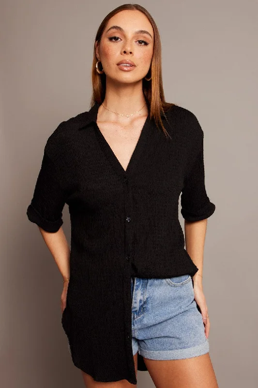 Black Textured Shirt Short Sleeve