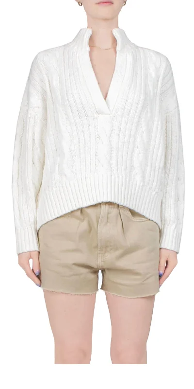 Split Neck Cable Sweater In White