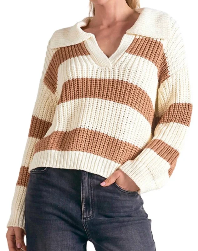 Stripe Collared Sweater In Camel/white