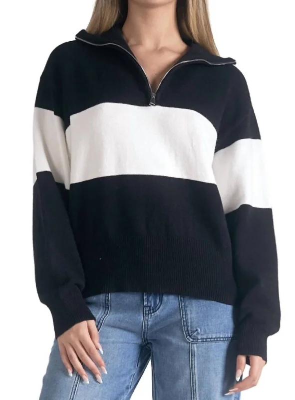 Zip Collared Pullover In Black/white